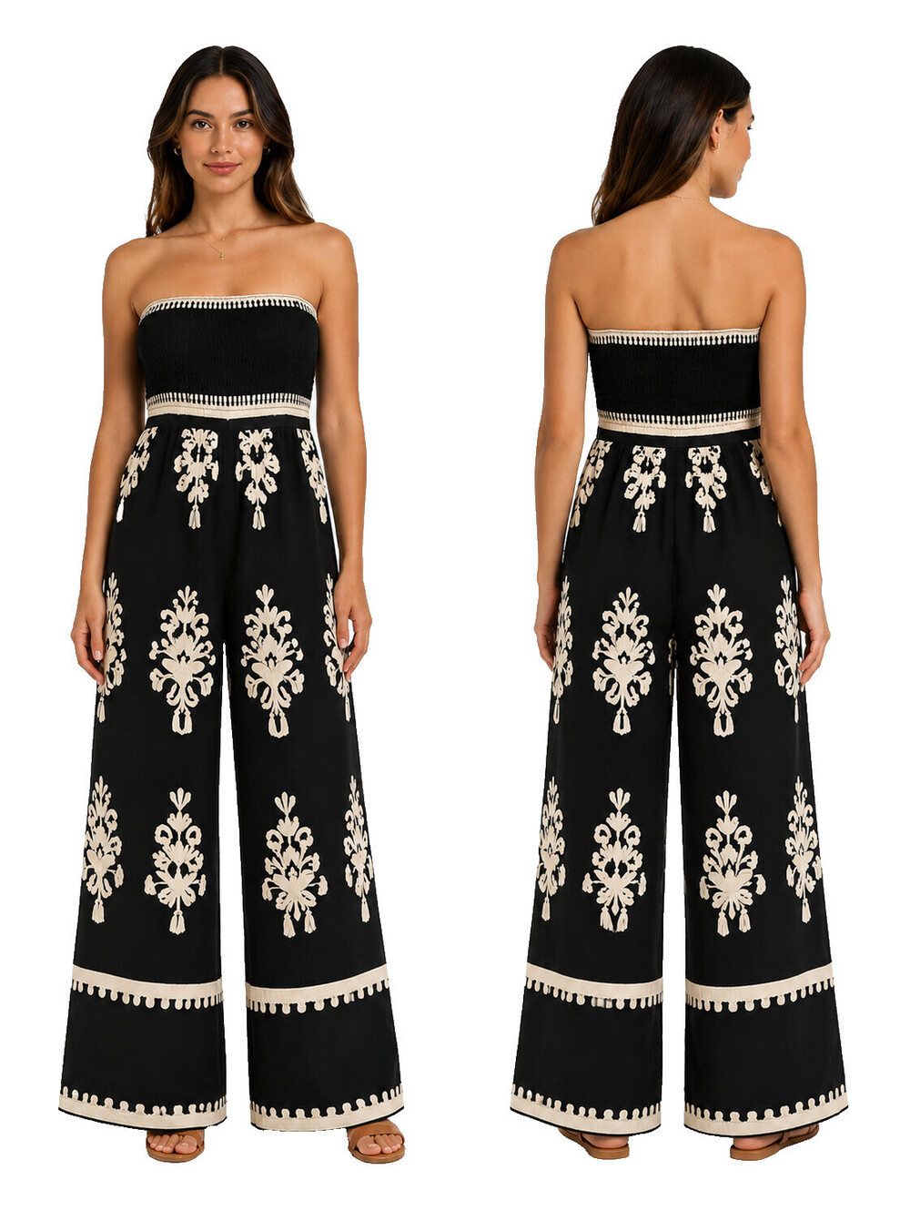 Pretty Garden Jumpsuit Womens M Black Cream Strapless/strap Wide Leg Pockets